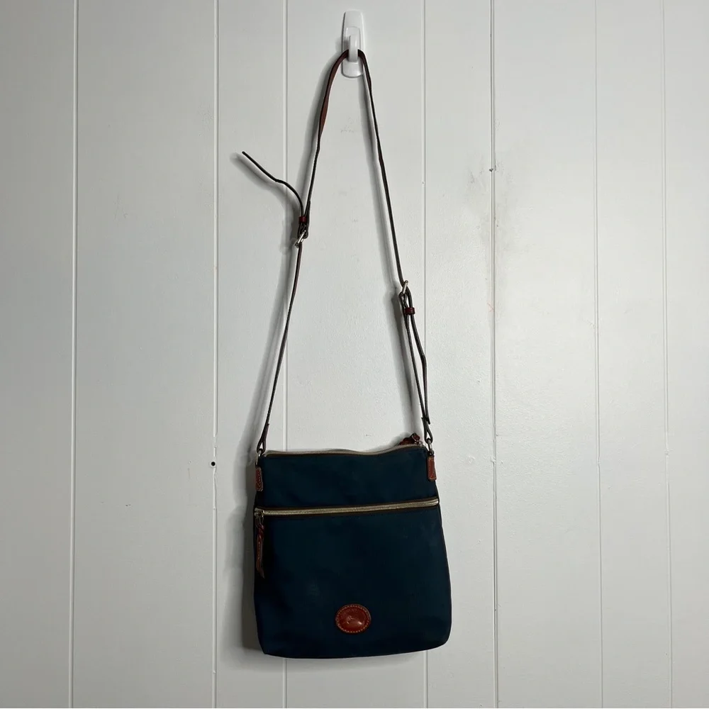 Dooney & Burke Blue Nylon Crossbody Bag with Brown Leather Details Zip Closure